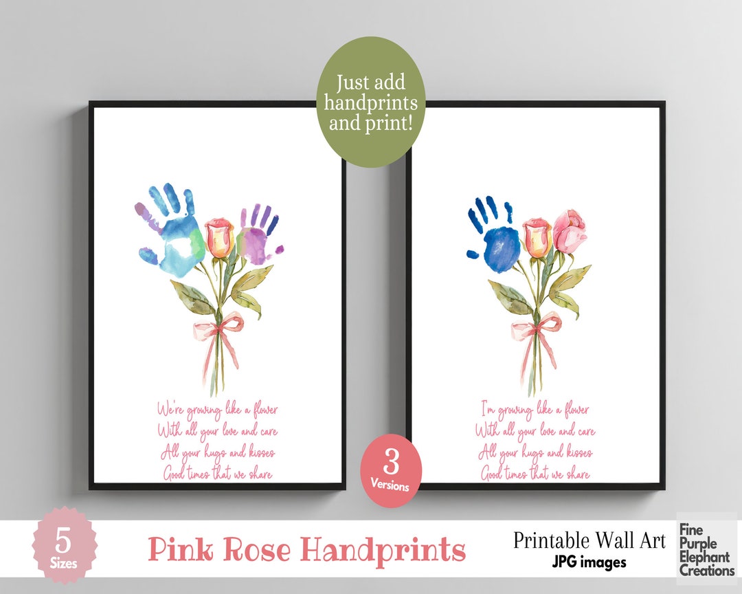 Custom Pink Rose Flower 3 Handprint Digital Art Print Mother Father Day ...
