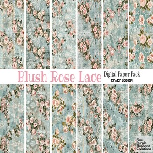 Carta digitale vintage con pizzo rosa rosa / Delicato motivo romantico per album di ritagli con sublimazione / Distressed Retro Floral Shabby Chic Junk Journal