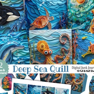 Unterwasser Ozean Quilling Digitales Junk Journal Kit halbe Seite - Wassertier druckbare Scrapbook Collage Sublimation - Aquarium Sea Life