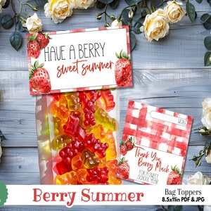 Aquarelle fraise fruits sac de cadeau imprimable Topper carte - cadeau d'été de fin d'année scolaire - fête de reconnaissance des enseignants pour les enfants