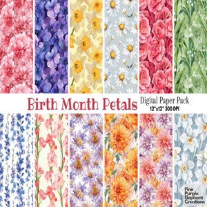 Papel digital de flores de aquarela do mês de nascimento - Padrão de scrapbook de sublimação de flores - Diário de lixo botânico floral
