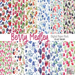 Papel Digital Aquarela Berry | Álbum de recortes de frutas de verão | Sublimação de cozinha Mirtilo Selvagem Blackberry Framboesa Morango Piquenique Festa
