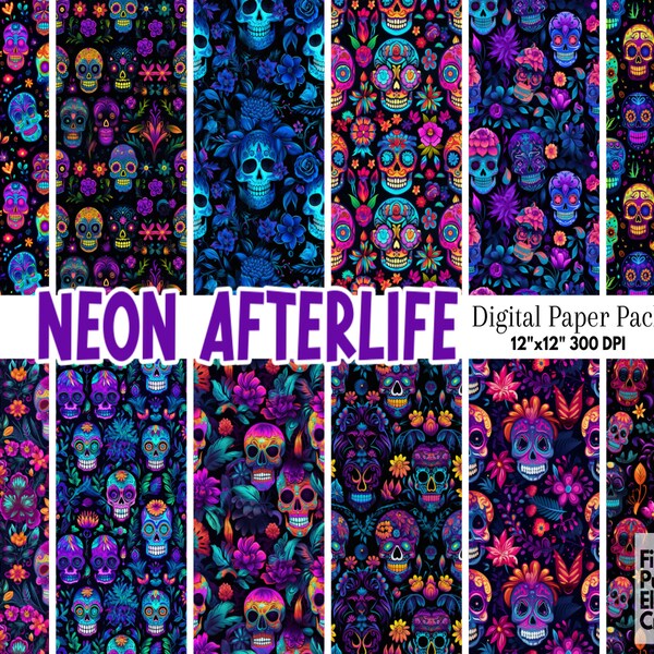 Neon Day of the Dead Digital Paper | Día de Los Muertos Scrapbook Pattern | Sugar Skulls Sublimation | Mexican Culture | Voodoo Skeletons
