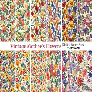 Papel digital vintage com flores de primavera | Padrão de scrapbook de cartão de sublimação de mãe | Boho Shabby Chic Flower Retro Tulip Jacinto Lilás Amor-perfeito