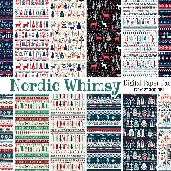 Papel digital Nordic Fair Isle / Sublimación navideña / Álbum de recortes de invierno / Bosque popular escandinavo / Patrón Rushnik de suéter feo