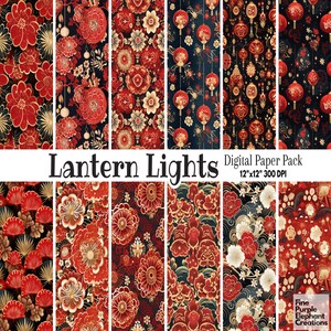 Chinese Lunar New Year Digital Paper | Red Gold Asian Scrapbook Background Sublimation | Floral Flower Blossom Lantern Fan Tradition Pattern