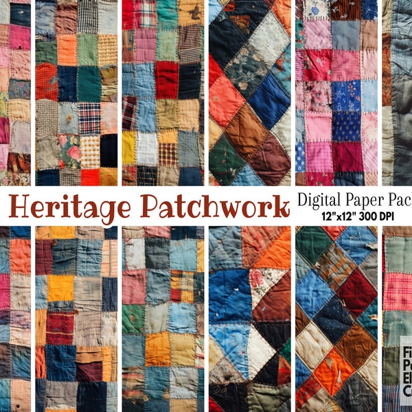 Old Patchwork Quilt Digital Paper | Antique Grandma Sewn Stitched Fabric Texture Sublimation | Printable Scrapbook | Retro Distressed Torn