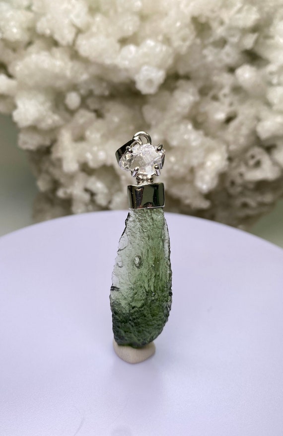 Moldavite and Herkimer Diamond Pendant - Sterling 