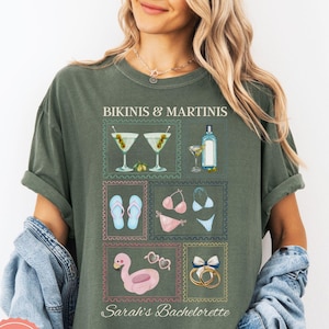 Maglietta per addio al nubilato in bikini e Martini, maglietta per addio al nubilato in spiaggia, magliette per addio al nubilato in bikini e Martini, maglietta per addio al nubilato in stile costiero