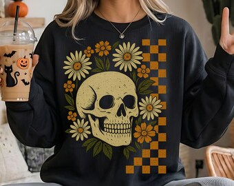 Retro Floral Halloween Skull Sweatshirt, Vintage Halloween Checkereboard Skeleton Sweater, Boho Floral Women’s Halloween Skull Hoodie