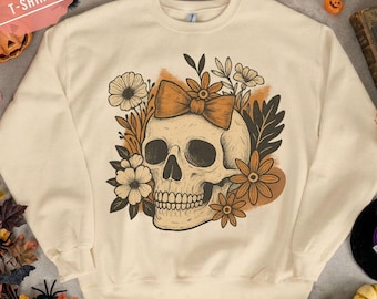 Retro Floral Halloween Skull Sweatshirt, Vintage Halloween Aesthetic Floral Skeleton Sweater, Boho Women’s Halloween Skull Hoodie