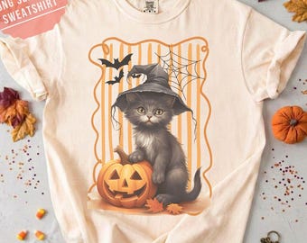 Halloween-Shirt mit Katze und Kürbis, verspieltes, kokettes Halloween-T-Shirt mit schwarzer Katze, gruseliges Damen-Halloween-T-Shirt mit Katze, Shirt für Katzenliebhaber