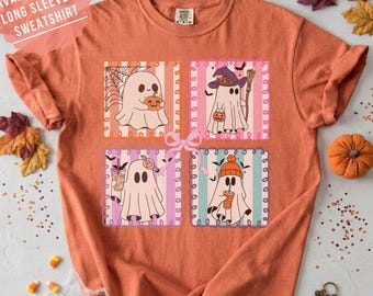 Preppy Coquette Halloween Ghost Shirt, Cute Bow Ghost tee for Women, Pastel Halloween Spooky Shirt, Boo Crew Cute Fall Graphic TShirt