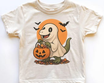 T-shirt Halloween enfant avec fantôme T-Rex, T-shirt dinosaure pour Halloween, Tenue d'Halloween effrayante avec dinosaure fantôme pour tout-petit, Vêtements garçon et fille