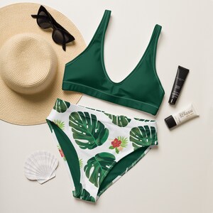 Tropical Floral Two Piece Bikini Set, Tropical Print Two Piece Bathing Suit, Bathing Swimsuit for Women, Floral Print Two Piece Swimsuit