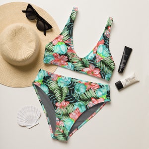 Tropical Floral Two Piece Bikini Set, Tropical Print Two Piece Bathing Suit, Bathing Swimsuit for Women, Floral Print Two Piece Swimsuit