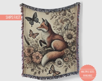 Woven Blanket, Fox and Wildflowers Boho Throw, Cottagecore Decor, Vintage Blanket with Butterflies, Fox Woven Tapestry, Cozy Home Accent