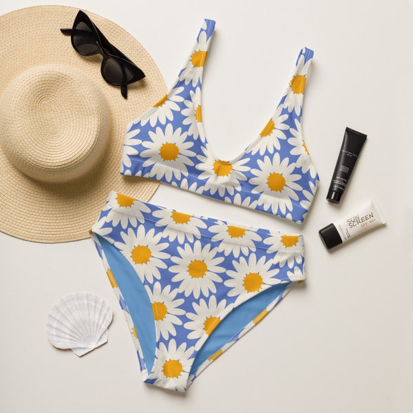 Floral Daisy Two Piece High Waisted Bikini Set, Daisy Flower Graphic Two Piece Bathing Suit, Daisy Floral Boho Swimwear