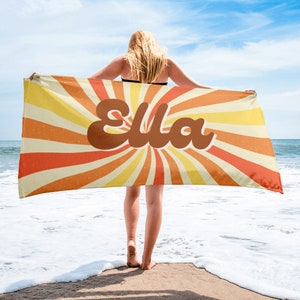 Retro Personalised Beach Towel, Custom Name Pool Towel, Personalised Bath Towel Gift, Custom Name Monogram Towel for Birthday Vacationl