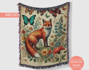 Woven Blanket, Fox and Wildflowers Boho Throw, Vintage Cottagecore Decor, Vintage Blanket with Butterflies, Woven Tapestry, Cozy Home Accent