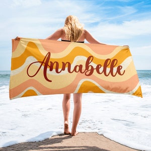 Retro Wavy Personalised Beach Towel, Custom Name Pool Towel, Personalised Bath Towel, Custom Name Monogram Towel for Birthday Vacation Gift