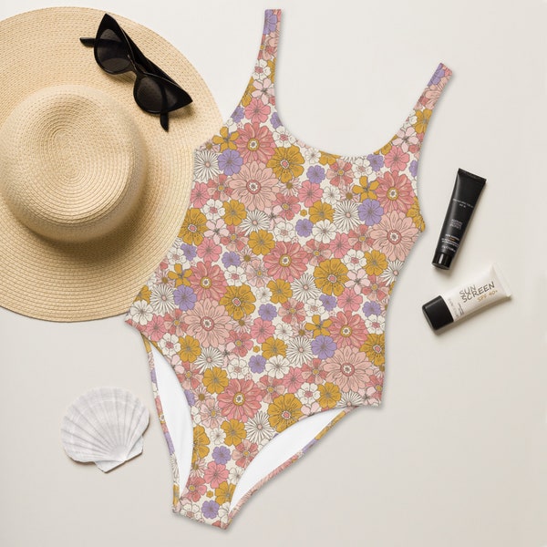 Vintage Floral One Piece Swimsuit Women, Retro 70s One-Piece Floral Bathing Suit, Groovy Boho Floral One Piece Swimwear for Women