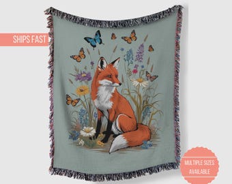 Woven Blanket, Fox Wildflower Butterfly Cottage Core Aesthetic Home Decor, Throw Blanket, Cozy Blanket, Lap Blanket, Bed Blanket, Decorative