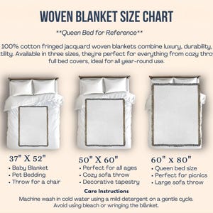 May include: A size chart for woven cotton blankets with fringe. The chart shows three sizes: 37 inches by 52 inches, 50 inches by 60 inches, and 60 inches by 80 inches. The chart also includes a list of uses for each size, such as baby blanket, pet bedding, throw for a chair, perfect for all ages, cozy sofa throw, decorative tapestry, queen bed size, perfect for picnics, and large sofa throw. The chart also includes care instructions for the blankets.