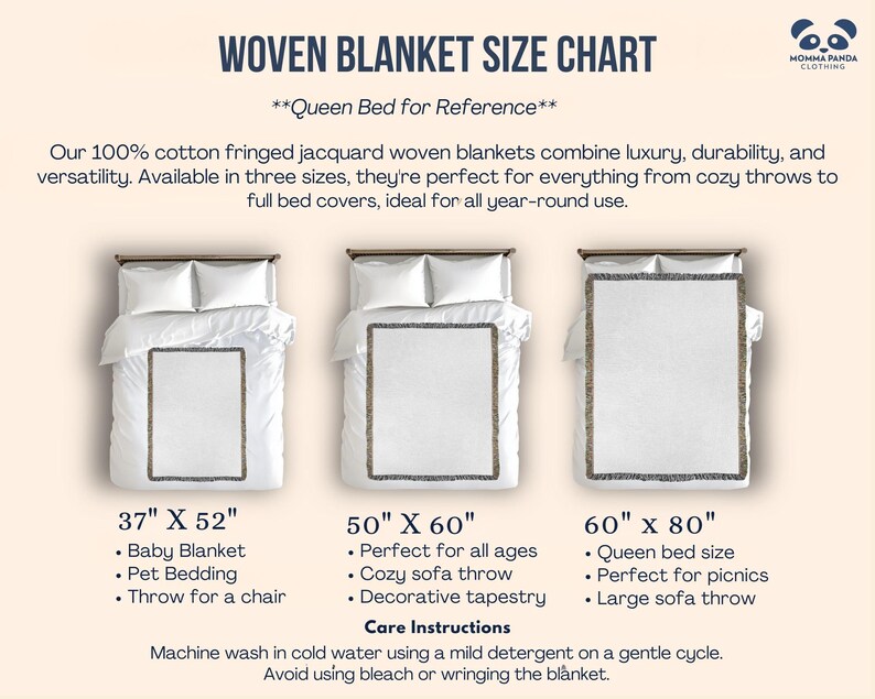 May include: A size chart for woven cotton blankets with fringe. The chart shows three sizes: 37 inches by 52 inches, 50 inches by 60 inches, and 60 inches by 80 inches. The chart also includes a list of uses for each size, such as baby blanket, pet bedding, throw for a chair, perfect for all ages, cozy sofa throw, decorative tapestry, queen bed size, perfect for picnics, and large sofa throw. The chart also includes care instructions for the blankets.