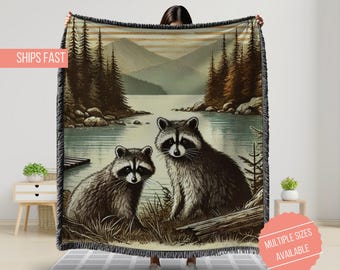 Vintage Raccoon Woven Blanket, Raccoon Forest Tapestry, Wildlife Lover Gift, Cozy Home Decor, Vintage Forest Blanket, Nature Inspired Throw