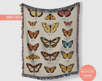 Manta tejida retro con mariposas y polillas, collage de flores silvestres con mariposas y polillas, decoración cottagecore, manta acogedora, regalo para amantes de la naturaleza, decoración del hogar