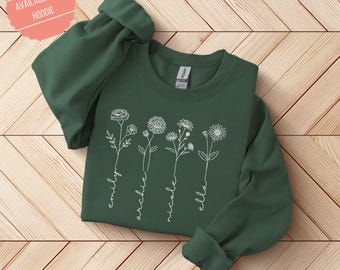 Personalised Birth Month Flower Sweatshirt Custom Name Birth Flower Sweater Wildflowers Hoodie Mothers Day Gift for Grandma's Garden Shirt