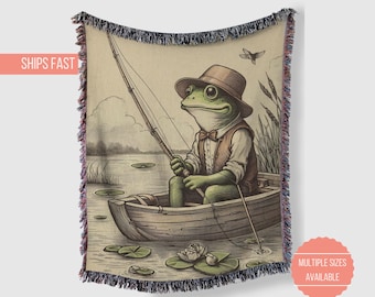 Goblincore Woven Blanket, Frog Fishing in Pond Cottagecore Vintage Aesthetic Quilt, Throw Blanket, Home Decor Gift Bedding, Nature Lover