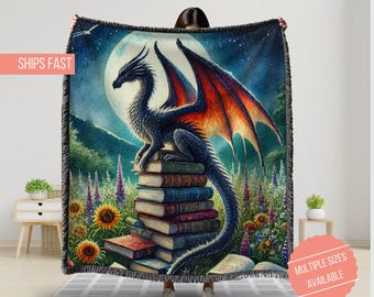 Bookish Woven Dragon Blanket, Fantasy Dragon Enchanted Forest Tapestry, Reading Lover Gift, Bookworm Home Decor, Cozy Throw Blanket