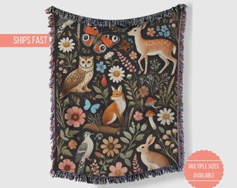 Woven Blanket, Forest Flora and Fauna Woven Tapestry, Woodland Animals and Wildflowers Home Decor, Cozy Throw Blanket, Nature Lover Gift