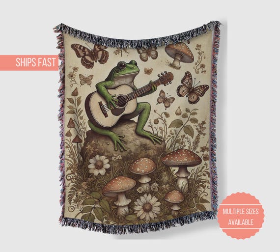 Goblincore Woven Mushroom Blanket, Frog Mushrooms Wildflowers Butterflies Vintage Cottagecore Tapestry, Cozy Throw, Home Decor, Nature Lover