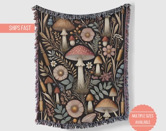 Manta tejida con forma de hongo, acogedora decoración del hogar con diseño de flores silvestres y hongos, manta botánica, regalo para amantes de la naturaleza