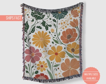 Boho Floral Woven Blanket, Wildflower Pattern Home Decor Throw Blanket, Gift for Her, Cozy Bedding, Room Accent, Floral Woven Tapestry