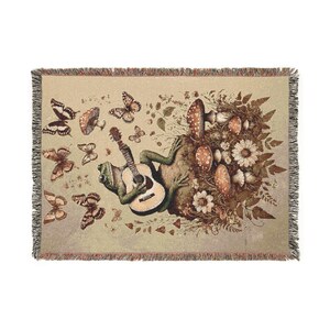 Goblincore Woven Mushroom Blanket, Frog Mushrooms Wildflowers Butterflies Vintage Cottagecore Tapestry, Cozy Throw, Home Decor, Nature Lover image 7