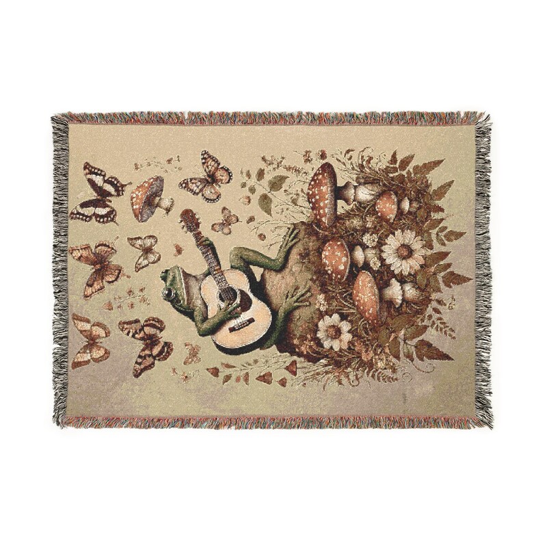 Goblincore Woven Mushroom Blanket, Frog Mushrooms Wildflowers Butterflies Vintage Cottagecore Tapestry, Cozy Throw, Home Decor, Nature Lover image 7