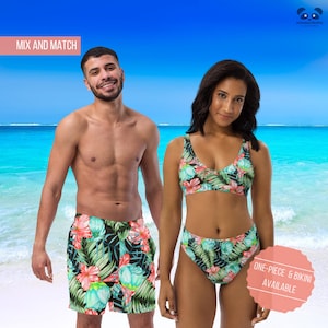 Couples Matching Tropical Swimsuits, His & Hers Tropical Floral Swimwear, Matching Women Bathing Suit and Mens Swim Trunks, Couples Swimwear