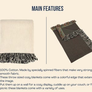 May include: Two throw blankets with fringe edges. One is beige with black and white fringe, the other is dark brown with a colorful fringe. The blankets are made of 100% cotton and are described as being very strong and smooth.