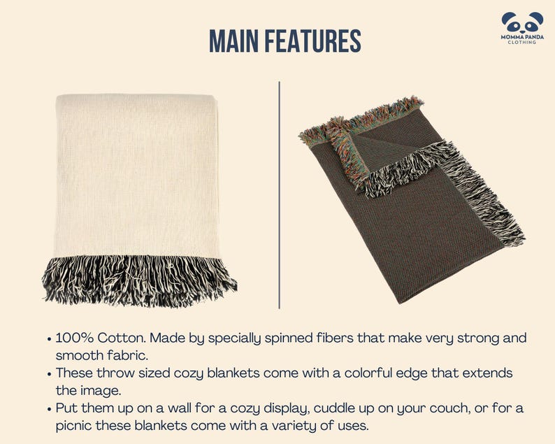 May include: Two throw blankets with fringe edges. One is beige with black and white fringe, the other is dark brown with a colorful fringe. The blankets are made of 100% cotton and are described as being very strong and smooth.
