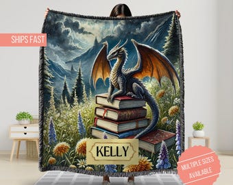 Custom Woven Blanket, Dragon Book Lover Personalized Blanket, Fantasy Reading Throw, Custom Name Cozy Bedding, Unique Gift for Bookworms