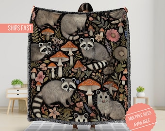 Raccoon Woven Blanket, Cottage Core Raccoon Possum Mushroom Wildflower Throw, Nature Lover Gift, Cozy Home Decor, Nature Inspired Throw