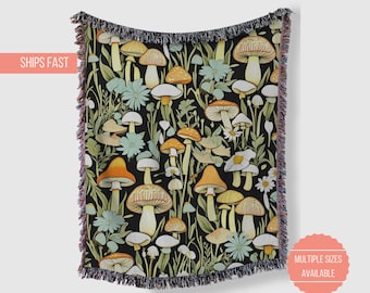 Manta tejida con forma de hongo, acogedora decoración del hogar con diseño de flores silvestres y hongos, manta botánica, regalo para amantes de la naturaleza
