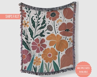 Boho Floral Woven Blanket, Wildflower Pattern Home Decor Throw Blanket, Gift for Her, Cozy Bedding, Room Accent, Floral Woven Tapestry