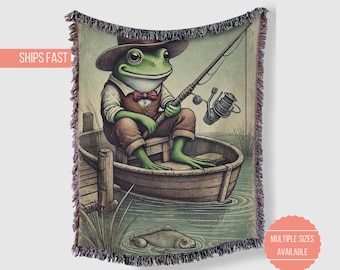Goblincore Woven Blanket, Frog Fishing in Pond Cottagecore Vintage Aesthetic Quilt, Throw Blanket, Home Decor Gift Bedding, Nature Lover