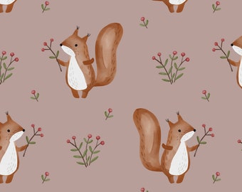 Jersey (organic) squirrel with berries - pink own production | Fabric for children | Sold by the meter | Children's fabric | Sewing children's clothing