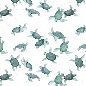Könnte beinhalten: Ein nahtloses Muster mit Aquarell-Illustrationen von türkisfarbenen Meeresschildkröten auf weißem Hintergrund mit einer gesprenkelten Textur.